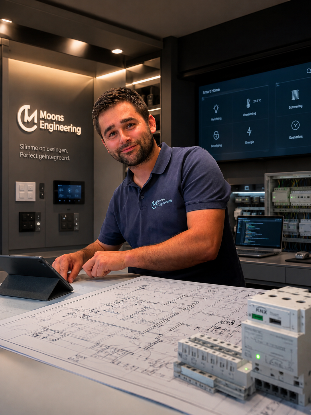 Robin Moons bij technische plannen, domotica-componenten en visualisatie van Moons Engineering