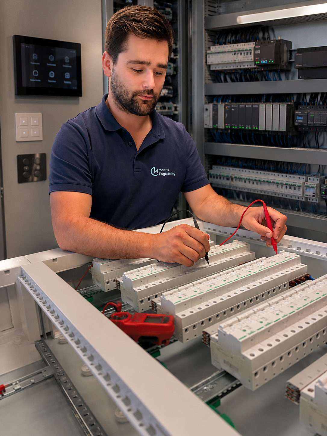 Robin Moons voert metingen en diagnose uit aan een technische verdeelkast voor domotica en automatisering